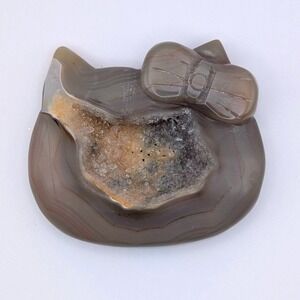 Carved Agate Kitty Cat Geode Crystal Figurine Bow Desk Decor